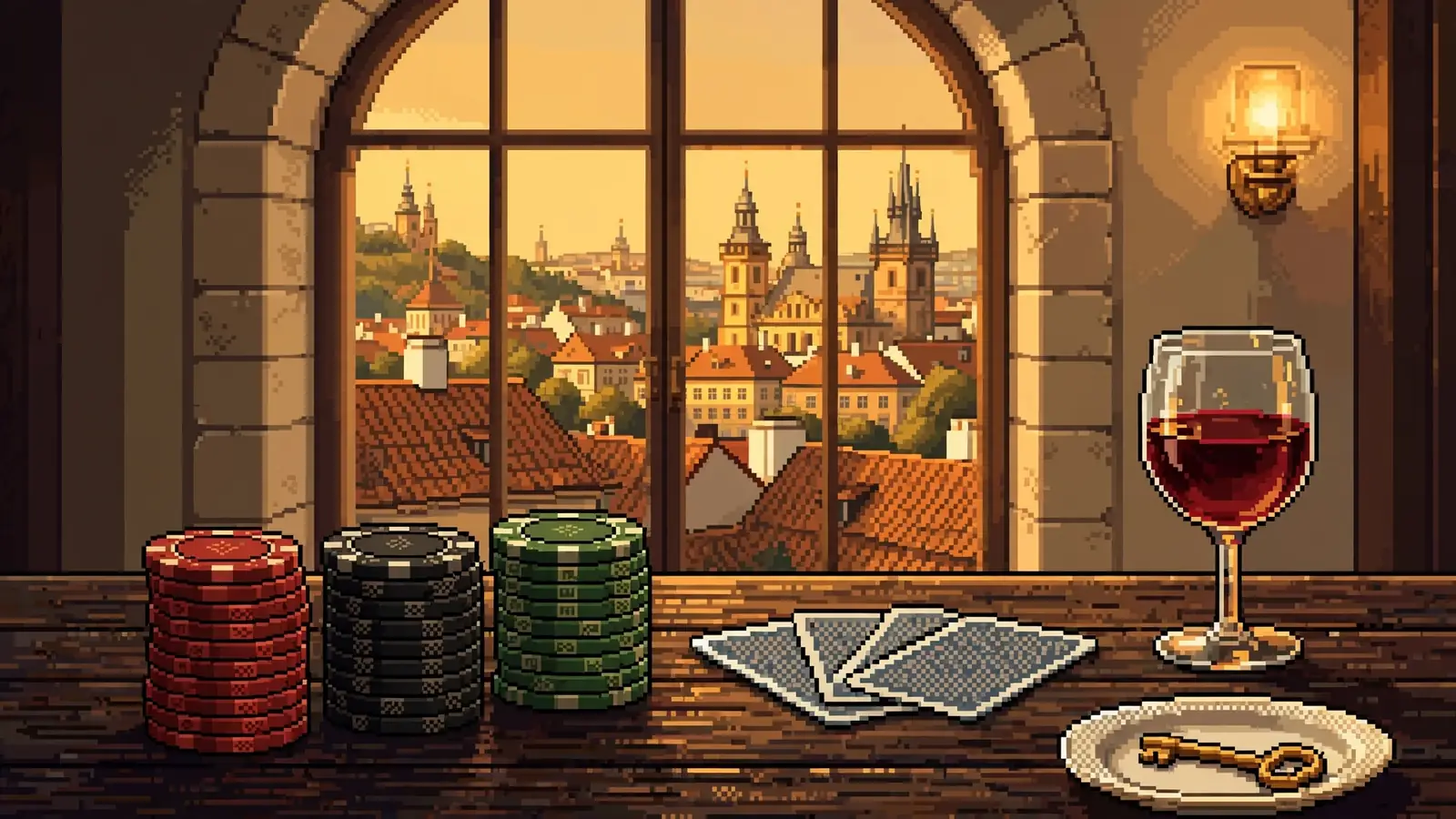 Dřevěný stolek se žetony a kartami, výhled na pražské věže za oknem