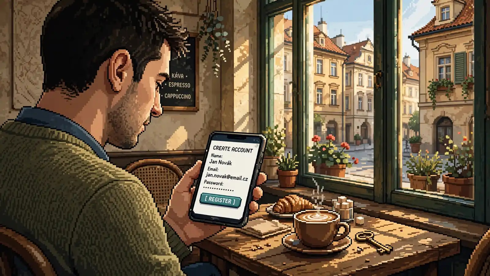 Hráč u stolu v pražské kavárně otevírá nový účet přes telefon