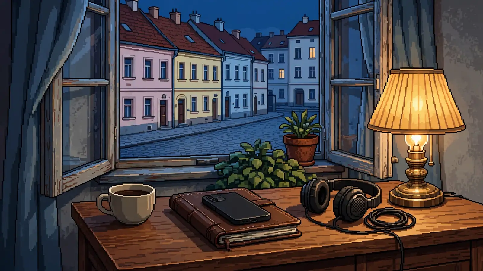 Teplý noční interiér bytu s vintage lampou a telefonem na stole, za oknem pastelové městské domy.