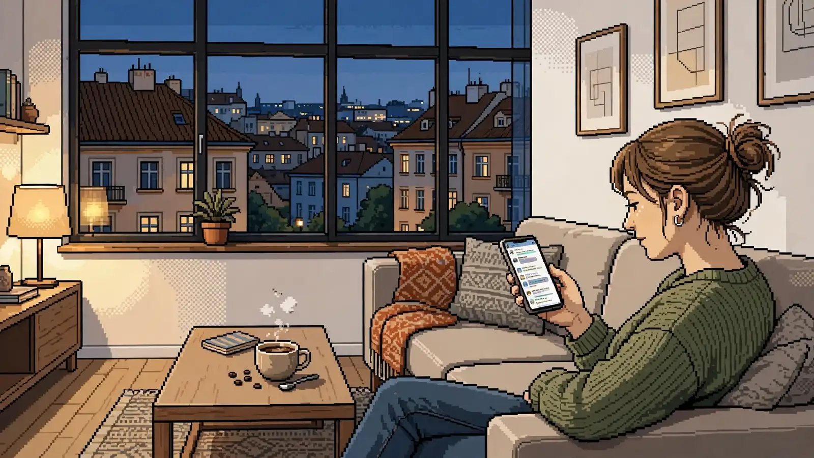 Mladý člověk v moderním pražském bytě večer drží mobilní telefon.