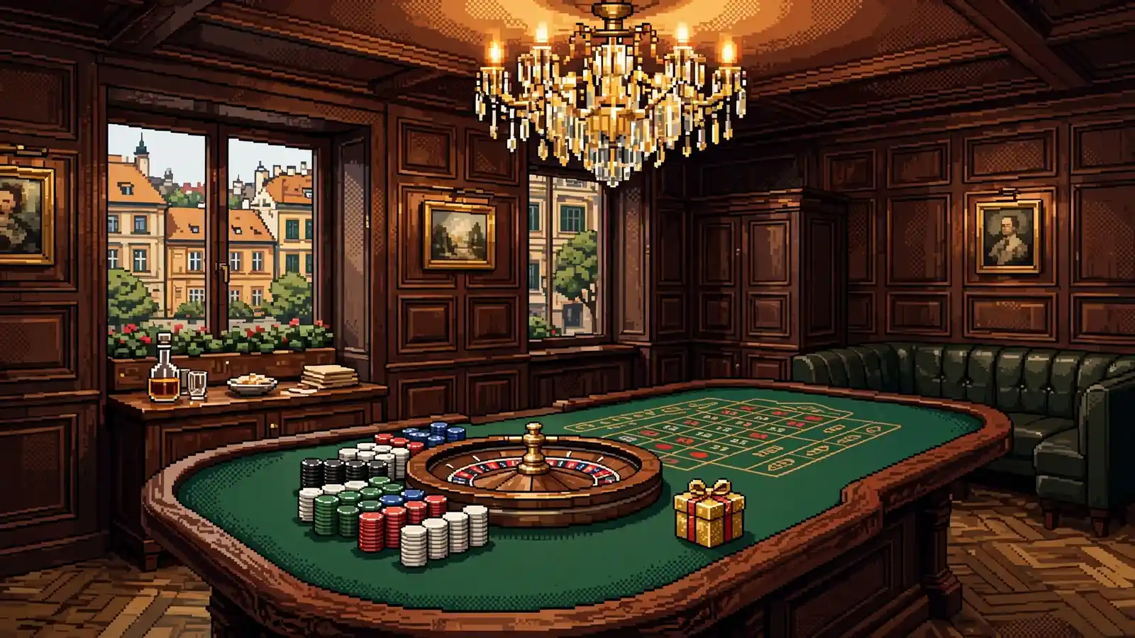 Elegantní casino salónek s ruletovým stolem a dárkovou krabičkou na stole