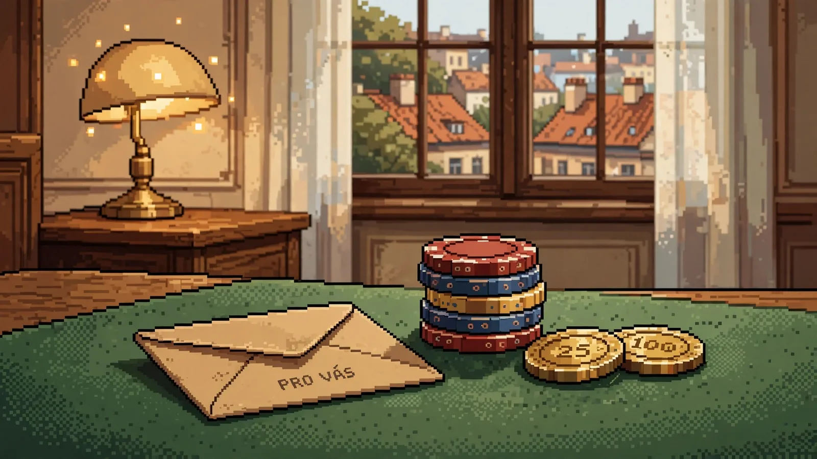 Obálka s žetony na zeleném filcovém povrchu uvnitř bytu v Praze.