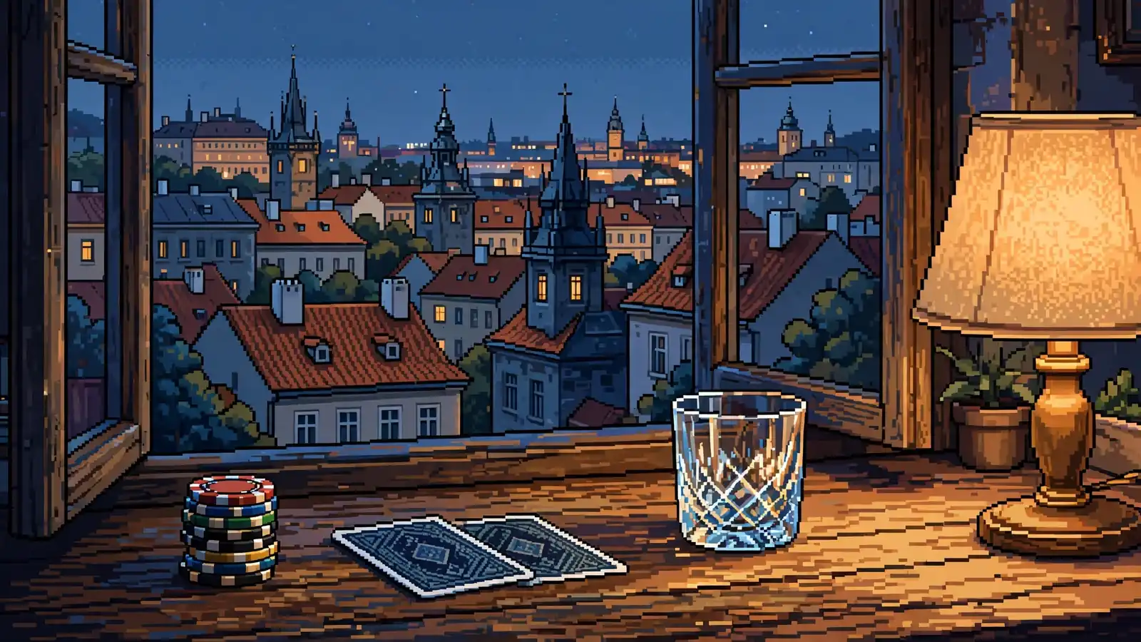 Elegantní dřevěný stůl s hracími žetony a kartami u okna s výhledem na pražské střechy za soumraku.