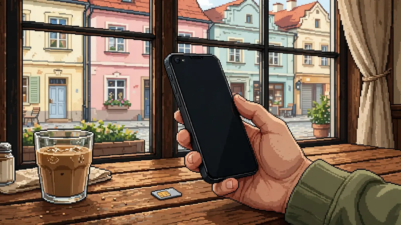 Ruka držící mobil s SIM kartou na stole v české kavárně