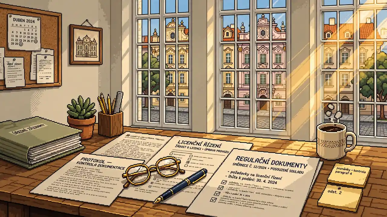 Česká redakční kancelář s licenčními dokumenty rozloženými na stole