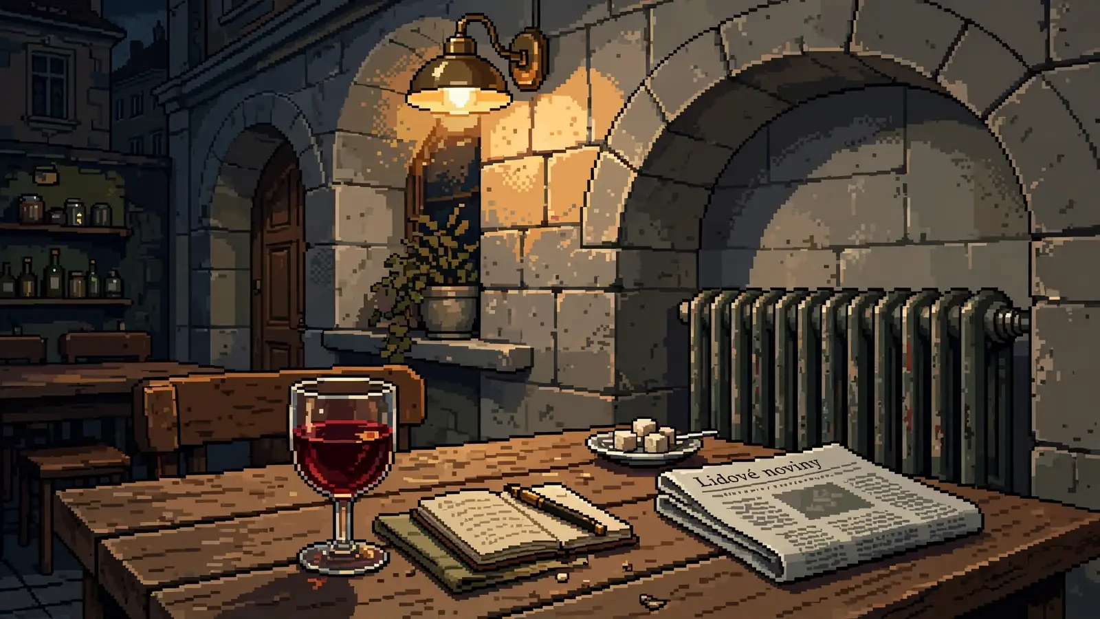 Útulný interiér tradiční pražské kavárny s notebookem a sklenkou vína